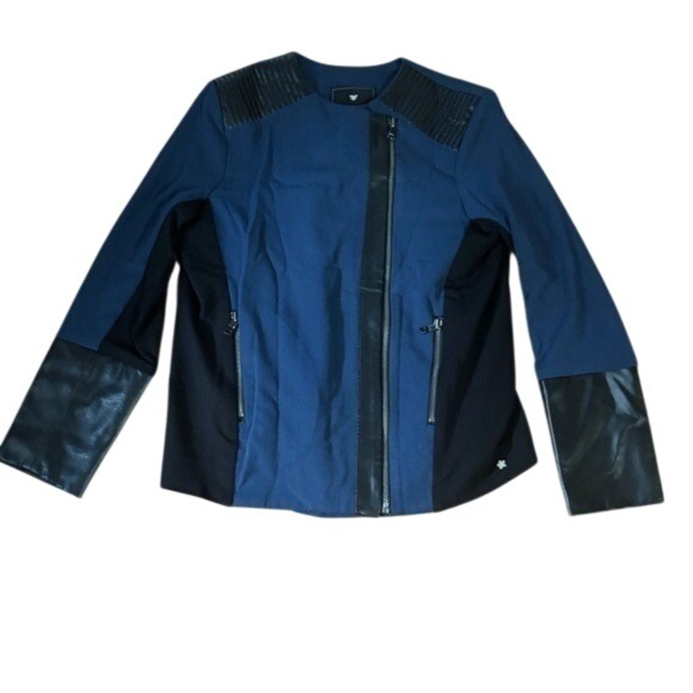 In God We Trust Black and Blue Women's Faux Leather Moto Jacket Size 42 Trendy